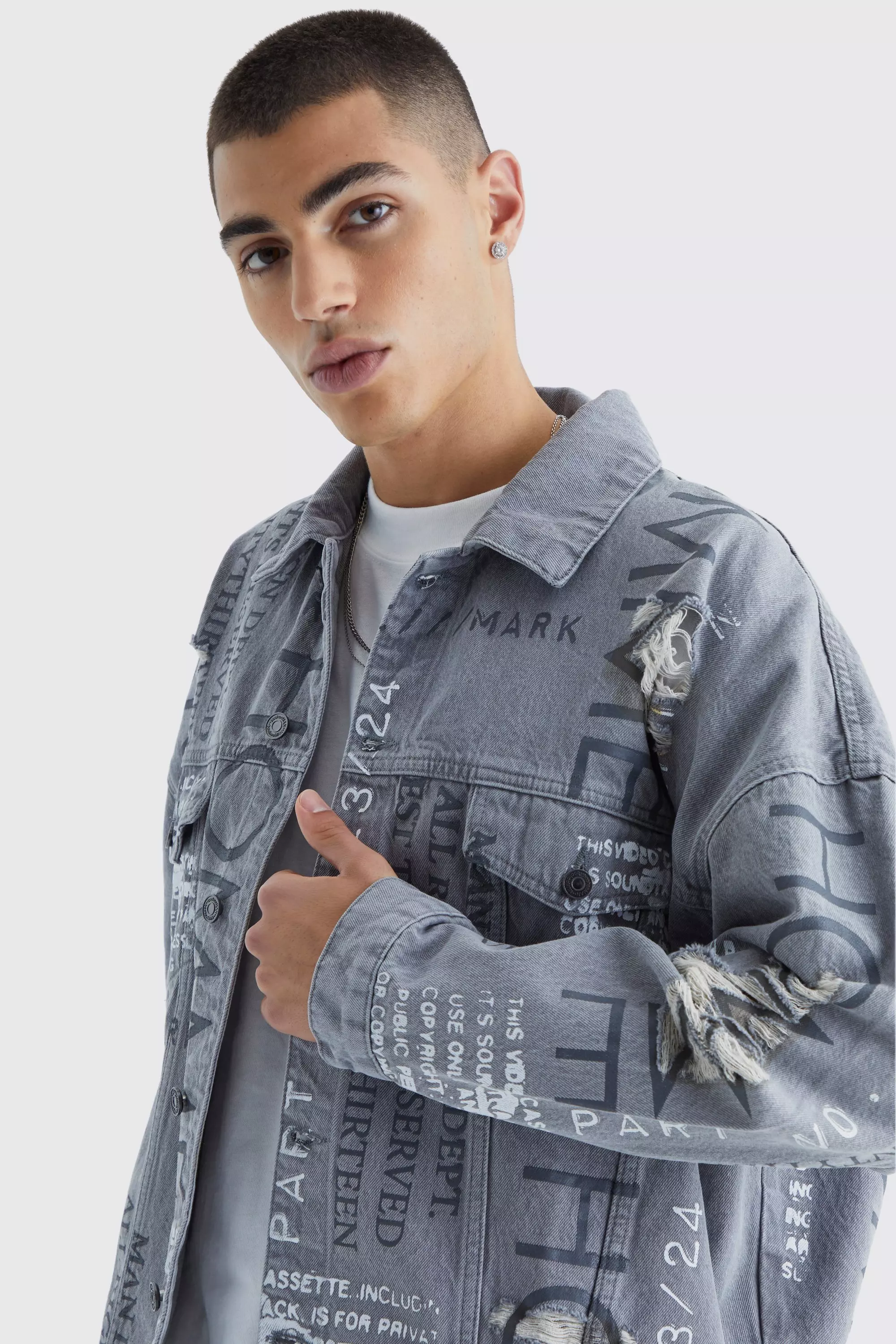 Oversized All Over Print Distressed Jean Jackets boohooMAN USA